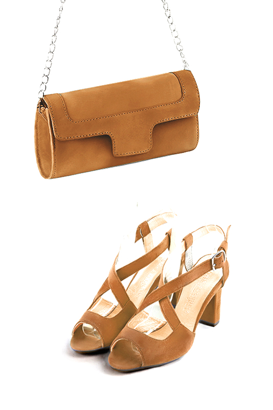 Dress clutch for wedding and parties in camel beige leather - Worn view